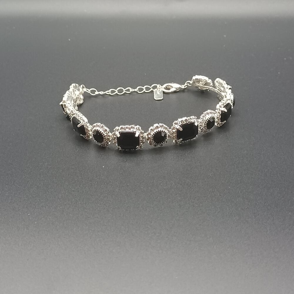 Silver Tone Black Stone Halo Link Bracelet Geometric 7"-9" Adjustable